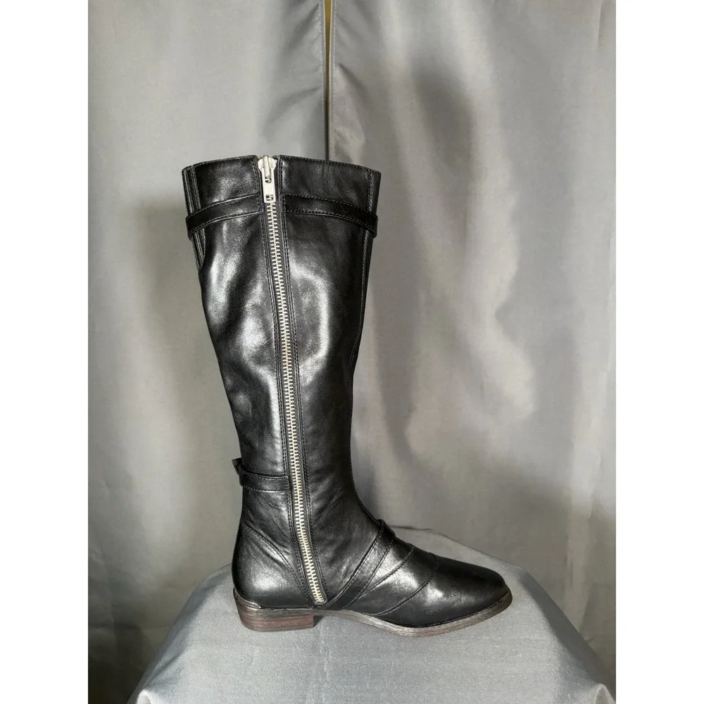 COACH Micha Black Leather Riding Boots Knee High Buckle Straps Size 8 B EUC